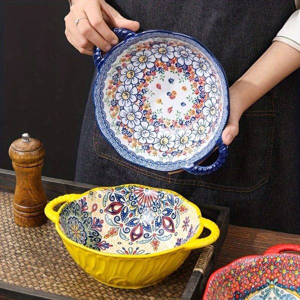 Planet Gates 1PC 24.13 Cm Underglaze Color Bohemia Polish Style Double Ear Handle Soup Bowl, Embossed Soup Bowl, Noodle Bowl, Microwave Safe, For Home Kitchen Restaurant Hotel, Kitchen Supplies, Tableware