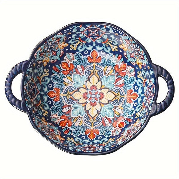 Planet Gates 1PC 24.13 Cm Underglaze Color Bohemia Polish Style Double Ear Handle Soup Bowl, Embossed Soup Bowl, Noodle Bowl, Microwave Safe, For Home Kitchen Restaurant Hotel, Kitchen Supplies, Tableware