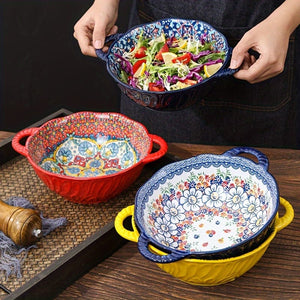 Planet Gates 1PC 24.13 Cm Underglaze Color Bohemia Polish Style Double Ear Handle Soup Bowl, Embossed Soup Bowl, Noodle Bowl, Microwave Safe, For Home Kitchen Restaurant Hotel, Kitchen Supplies, Tableware