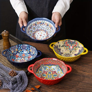 Planet Gates 1PC 24.13 Cm Underglaze Color Bohemia Polish Style Double Ear Handle Soup Bowl, Embossed Soup Bowl, Noodle Bowl, Microwave Safe, For Home Kitchen Restaurant Hotel, Kitchen Supplies, Tableware