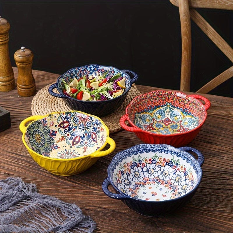 Planet Gates 1PC 24.13 Cm Underglaze Color Bohemia Polish Style Double Ear Handle Soup Bowl, Embossed Soup Bowl, Noodle Bowl, Microwave Safe, For Home Kitchen Restaurant Hotel, Kitchen Supplies, Tableware