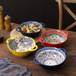 Planet Gates 1PC 24.13 Cm Underglaze Color Bohemia Polish Style Double Ear Handle Soup Bowl, Embossed Soup Bowl, Noodle Bowl, Microwave Safe, For Home Kitchen Restaurant Hotel, Kitchen Supplies, Tableware