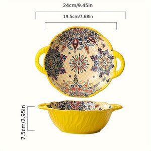 Planet Gates 1PC 24.13 Cm Underglaze Color Bohemia Polish Style Double Ear Handle Soup Bowl, Embossed Soup Bowl, Noodle Bowl, Microwave Safe, For Home Kitchen Restaurant Hotel, Kitchen Supplies, Tableware