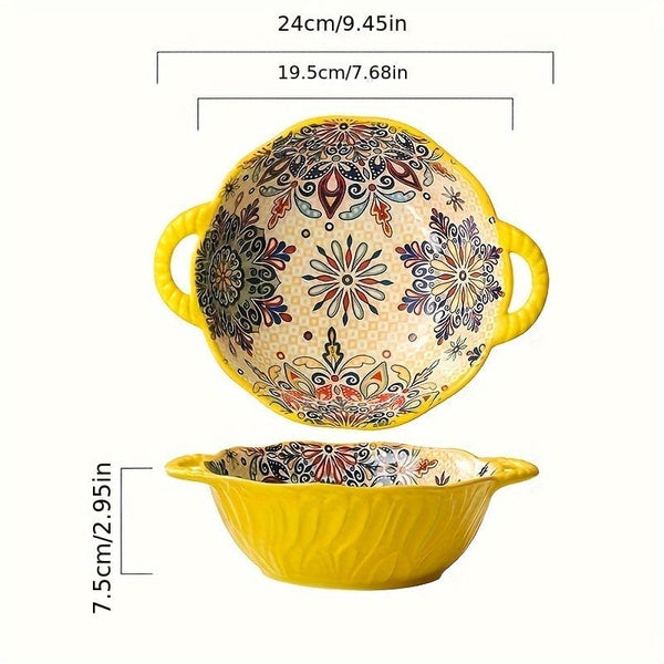 Planet Gates 1PC 24.13 Cm Underglaze Color Bohemia Polish Style Double Ear Handle Soup Bowl, Embossed Soup Bowl, Noodle Bowl, Microwave Safe, For Home Kitchen Restaurant Hotel, Kitchen Supplies, Tableware