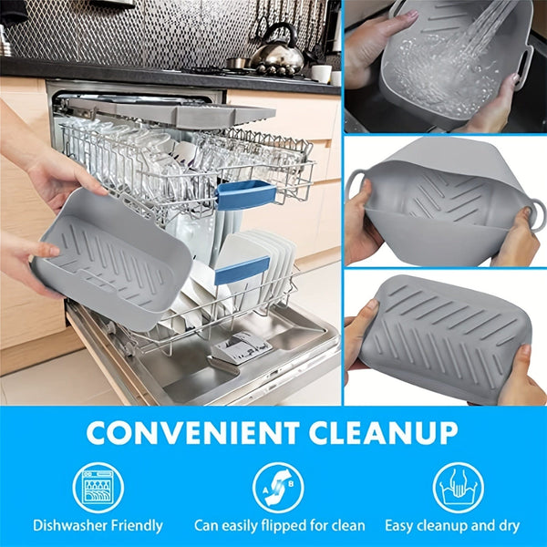 Planet Gates 1pc/2pcs Air Fryer Silicone Liners Rectangular 20.07cm X 11.99cm For Ninja Foodi Dual DZ201 8QT/DZ090 6QT, MMH Reusable Airfryer Pot Replacement Baking Tray Basket Insert, Non-stick, Easy Cleaning, Food Safe, Gray