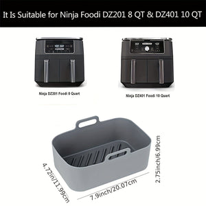 Planet Gates 1pc/2pcs Air Fryer Silicone Liners Rectangular 20.07cm X 11.99cm For Ninja Foodi Dual DZ201 8QT/DZ090 6QT, MMH Reusable Airfryer Pot Replacement Baking Tray Basket Insert, Non-stick, Easy Cleaning, Food Safe, Gray