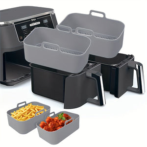 Planet Gates 1pc/2pcs Air Fryer Silicone Liners Rectangular 20.07cm X 11.99cm For Ninja Foodi Dual DZ201 8QT/DZ090 6QT, MMH Reusable Airfryer Pot Replacement Baking Tray Basket Insert, Non-stick, Easy Cleaning, Food Safe, Gray