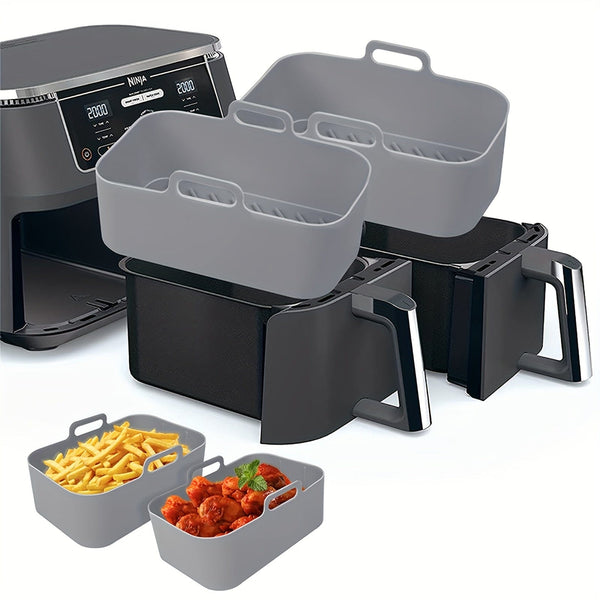 Planet Gates 1pc/2pcs Air Fryer Silicone Liners Rectangular 20.07cm X 11.99cm For Ninja Foodi Dual DZ201 8QT/DZ090 6QT, MMH Reusable Airfryer Pot Replacement Baking Tray Basket Insert, Non-stick, Easy Cleaning, Food Safe, Gray