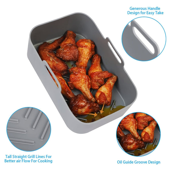 Planet Gates 1pc/2pcs Air Fryer Silicone Liners Rectangular 20.07cm X 11.99cm For Ninja Foodi Dual DZ201 8QT/DZ090 6QT, MMH Reusable Airfryer Pot Replacement Baking Tray Basket Insert, Non-stick, Easy Cleaning, Food Safe, Gray