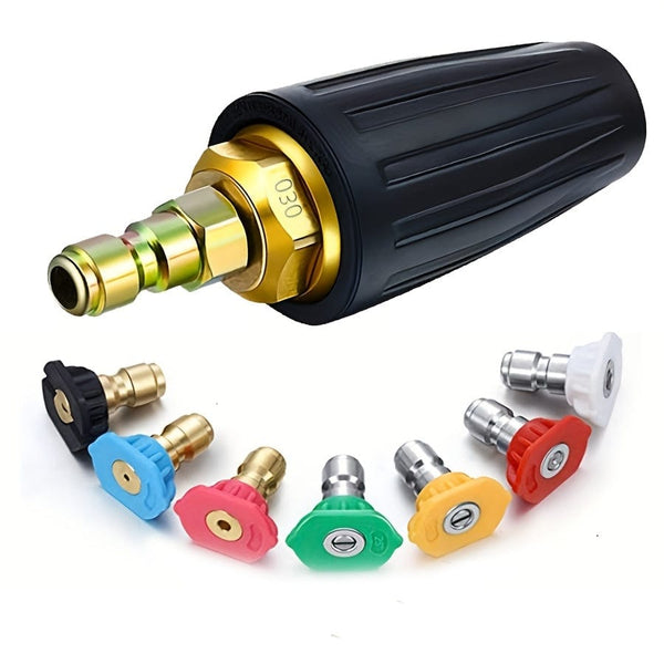 Planet Gates 1pc/7/8/9pcs, Pressure Rotating Turbo Nozzle 4.0 Gpm Quick Connector With 4500 Psi Pivoting Coupler With 7Pieces Spray Nozzle Tips Kit Multiple Degrees (0, 15, 25, 40, 65 Degrees, Rinse1, Soap2)