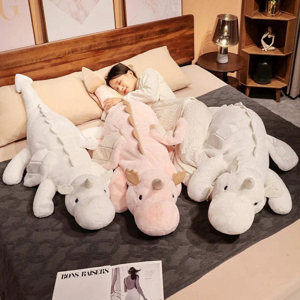 Planet Gates 1pc 70-150cm Giant White Dragon Plush Toy With Unicorn Horn Flying Wings Dragons Dinos Hug Throw Pillow Dinos Nap Sleeping Gift