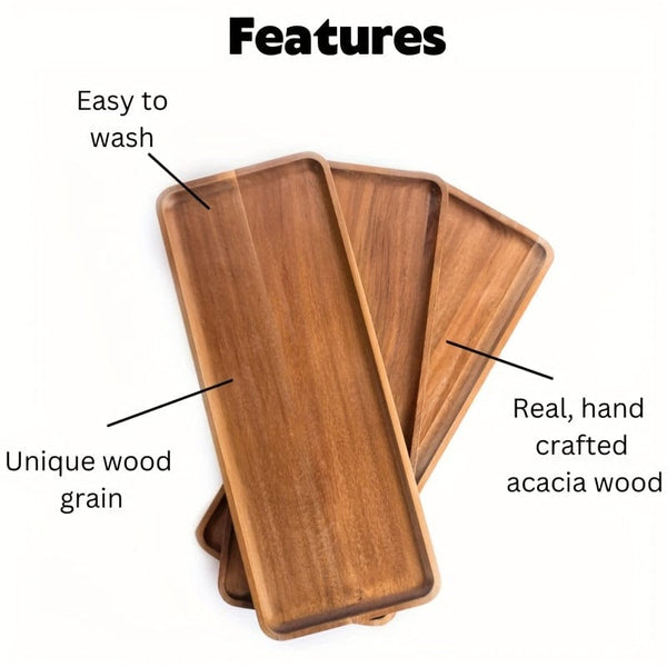 Planet Gates 1pc Acacia Wood Tray For Serving Food, Snacks, Drinks, Sushi, Steak, Pizza, Desserts, Cakes, And Bread, Breakfast Tray, Coffee Tray, Tea Tray, Rectangular Platters With Easy Carry Grooved Handle, Home Kitchen Supplies