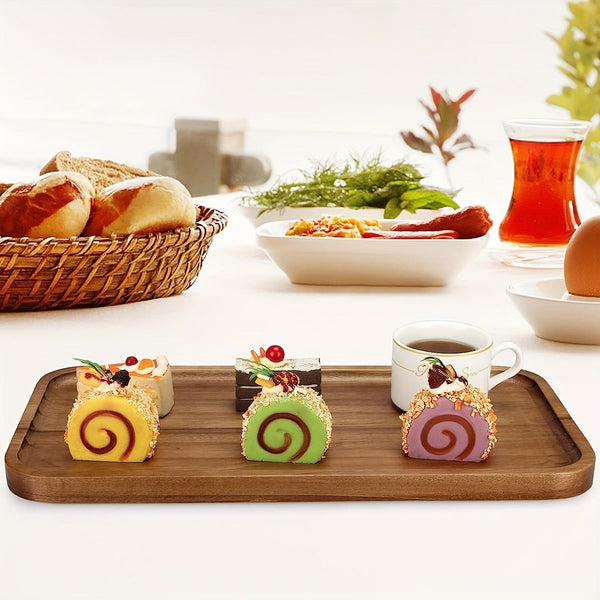 Planet Gates 1pc Acacia Wood Tray For Serving Food, Snacks, Drinks, Sushi, Steak, Pizza, Desserts, Cakes, And Bread, Breakfast Tray, Coffee Tray, Tea Tray, Rectangular Platters With Easy Carry Grooved Handle, Home Kitchen Supplies