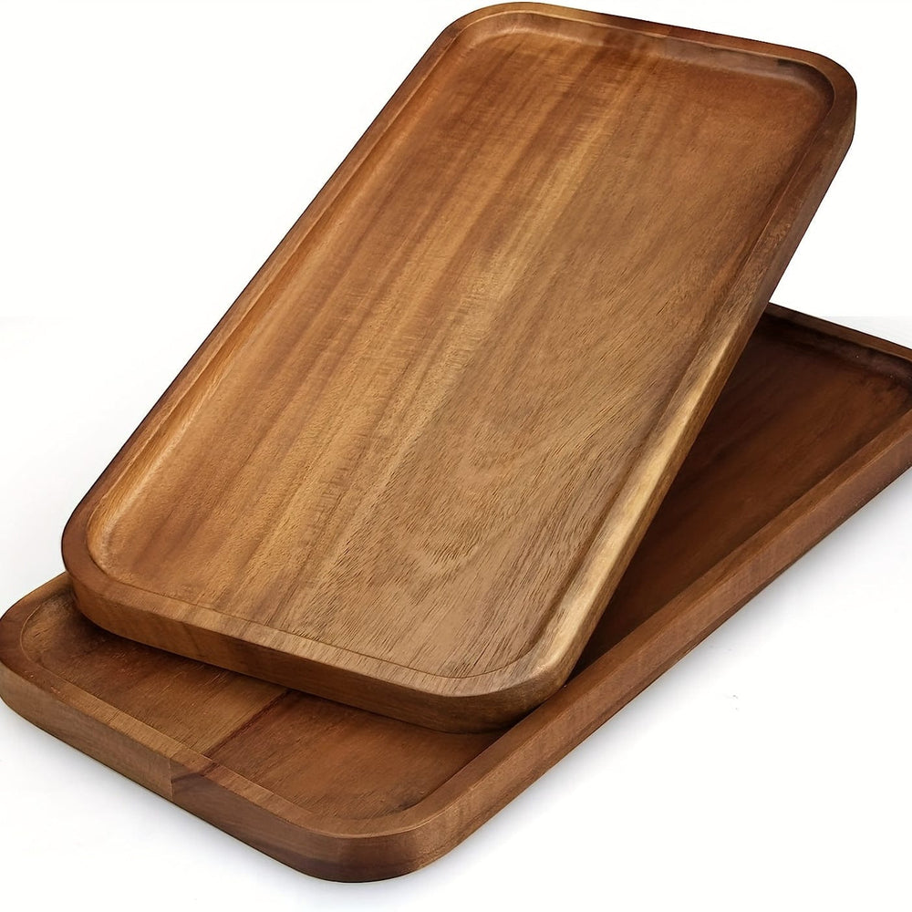 Planet Gates 1pc Acacia Wood Tray For Serving Food, Snacks, Drinks, Sushi, Steak, Pizza, Desserts, Cakes, And Bread, Breakfast Tray, Coffee Tray, Tea Tray, Rectangular Platters With Easy Carry Grooved Handle, Home Kitchen Supplies