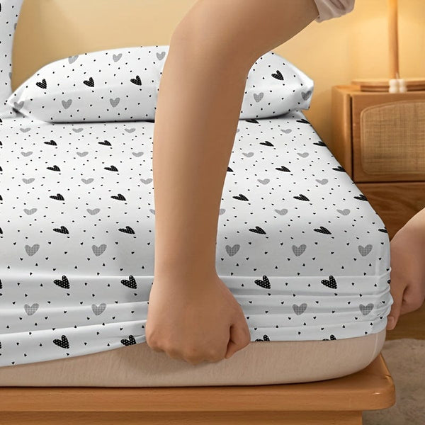 Planet Gates 1pc Brushed Fitted Sheet, Soft Comfortable Heart Print Bedding Fitted Sheet, For Bedroom, Guest Room, With Deep Pocket, Fitted Bed Sheet Only, Without Pillowcase