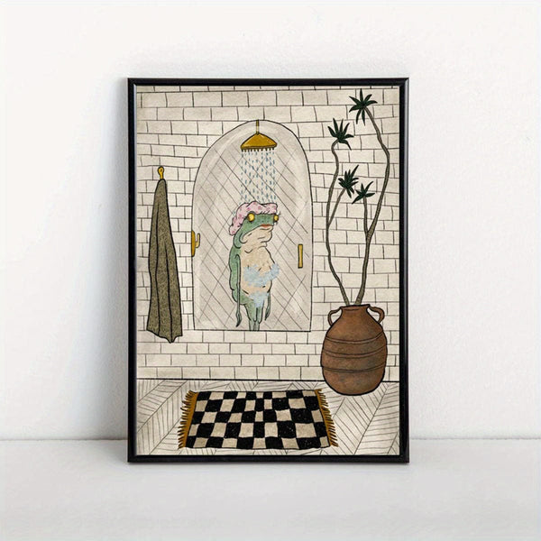 Planet Gates 1pc Canvas Poster, Bathroom Canvas Poster, Retro Art, Bathing Frog Poster Wall Art For Living Room, Wall Decor For Bedroom, Home Room Decor, Unframed