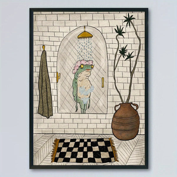 Planet Gates 1pc Canvas Poster, Bathroom Canvas Poster, Retro Art, Bathing Frog Poster Wall Art For Living Room, Wall Decor For Bedroom, Home Room Decor, Unframed