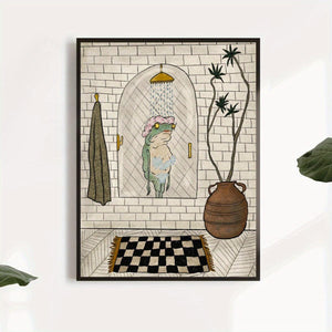 Planet Gates 1pc Canvas Poster, Bathroom Canvas Poster, Retro Art, Bathing Frog Poster Wall Art For Living Room, Wall Decor For Bedroom, Home Room Decor, Unframed