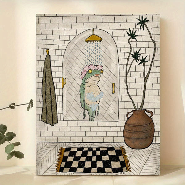 Planet Gates 1pc Canvas Poster, Bathroom Canvas Poster, Retro Art, Bathing Frog Poster Wall Art For Living Room, Wall Decor For Bedroom, Home Room Decor, Unframed