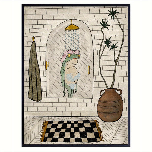 Planet Gates 1pc Canvas Poster, Bathroom Canvas Poster, Retro Art, Bathing Frog Poster Wall Art For Living Room, Wall Decor For Bedroom, Home Room Decor, Unframed