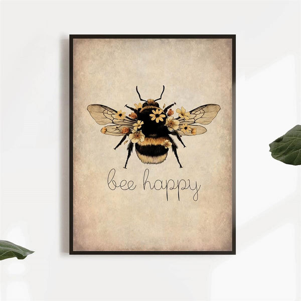 Planet Gates 1Pc, Canvas Poster, Bee Happy Print - Bee Kind, Bee Yourself, Nature Print, Bee Lover Wall Art, For Living Room Bedroom, Wall Decor, Home Decor, Inspirational Quote, Unframed