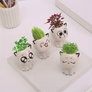 Planet Gates 1pc, Ceramic Flower Pot Mini Cat Cartoon Cute Potted Plant Desktop Potted Cat Potted DIY Desk Decoration School Gift