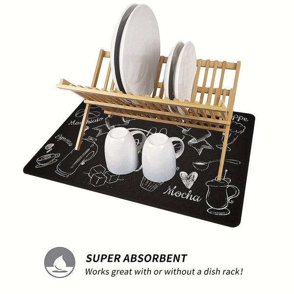 Planet Gates 1pc Coffee Printed Dish Drying Mat, Soft Rubber Draining Pad, Non-Slip Super Absorbent Wear-resistant Coffee Machine Mat, Placemat For Countertop Dining Patio Table Decorations, Home Kitchen Supplies