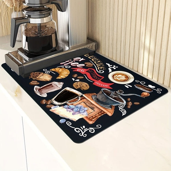 Planet Gates 1pc Coffee Printed Dish Drying Mat, Soft Rubber Draining Pad, Non-Slip Super Absorbent Wear-resistant Coffee Machine Mat, Placemat For Countertop Dining Patio Table Decorations, Home Kitchen Supplies