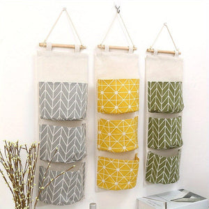 Planet Gates 1pc Cotton Linen Storage Hanging Bag, With 3 Pockets, Door Back Wall Hanging Organizer, Fabric Finishing Storage Bag, Wall Mounted Storage Bag, For Toys Socks Shoes Sundries, Home Storage Supplies