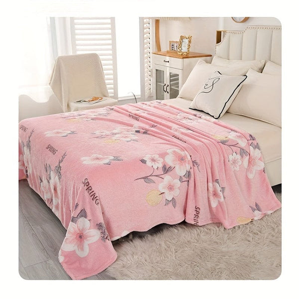Planet Gates 1pc Cute Pink Floral Print Flannel Blanket, Air-conditioning Blanket, Nap Blanket, Soft And Comfortable Blanket, Office Camping Travel Home Decoration Blanket, Shawl Blanket Skin-frinedly Casual Sofa Blanket, Multi