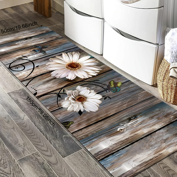 Planet Gates 1pc Daisy Pattern Kitchen Mat, Striped And Butterfly Print Carpet, Non-Slip Stain-resistant Area Rug, For Laundry Room, Bathroom, Dining Table, Home Decor Indoor Decor Room Supplies Shower Supplies