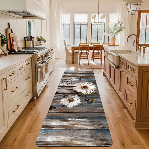 Planet Gates 1pc Daisy Pattern Kitchen Mat, Striped And Butterfly Print Carpet, Non-Slip Stain-resistant Area Rug, For Laundry Room, Bathroom, Dining Table, Home Decor Indoor Decor Room Supplies Shower Supplies