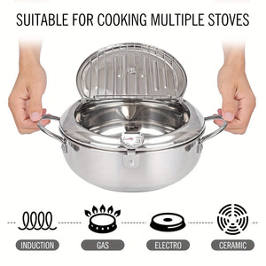 Planet Gates 1pc Deep Fryer, Frying Pan With Lid, Stainless Steel Fryer With Temperature Control And Oil Drop Filter Rack, Suitable For Kitchen French Fries, Chicken And More, Gas Stove Electromagnetic Stove Universal, Kitchen Cookware