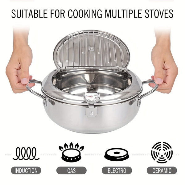 Planet Gates 1pc Deep Fryer, Frying Pan With Lid, Stainless Steel Fryer With Temperature Control And Oil Drop Filter Rack, Suitable For Kitchen French Fries, Chicken And More, Gas Stove Electromagnetic Stove Universal, Kitchen Cookware
