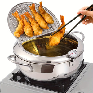 Planet Gates 1pc Deep Fryer, Frying Pan With Lid, Stainless Steel Fryer With Temperature Control And Oil Drop Filter Rack, Suitable For Kitchen French Fries, Chicken And More, Gas Stove Electromagnetic Stove Universal, Kitchen Cookware