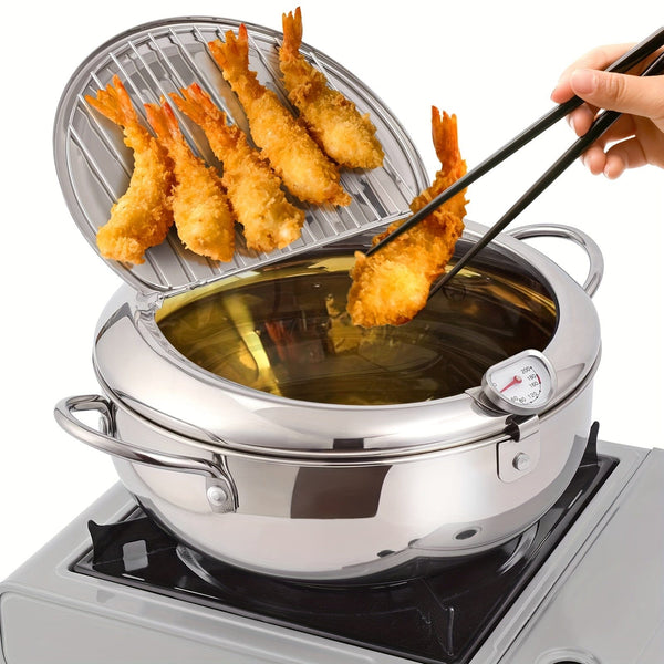 Planet Gates 1pc Deep Fryer, Frying Pan With Lid, Stainless Steel Fryer With Temperature Control And Oil Drop Filter Rack, Suitable For Kitchen French Fries, Chicken And More, Gas Stove Electromagnetic Stove Universal, Kitchen Cookware