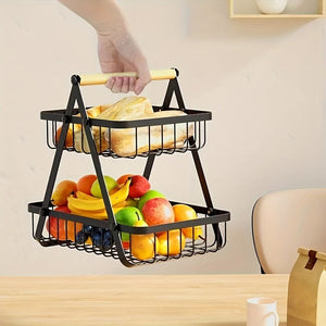 Planet Gates 1pc Drain Basket, 2/3tier Storage Basket Countertop For Bathroom, Fruit Basket, Vegetable Basket, Basket Bowl Removable Wire Basket With Wooden Handle For Bathroom, Home Room Kitchen Storage Supplies