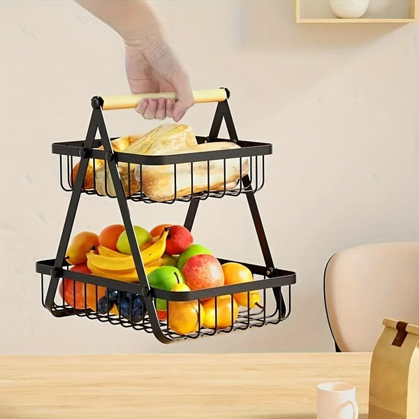 Planet Gates 1pc Drain Basket, 2/3tier Storage Basket Countertop For Bathroom, Fruit Basket, Vegetable Basket, Basket Bowl Removable Wire Basket With Wooden Handle For Bathroom, Home Room Kitchen Storage Supplies
