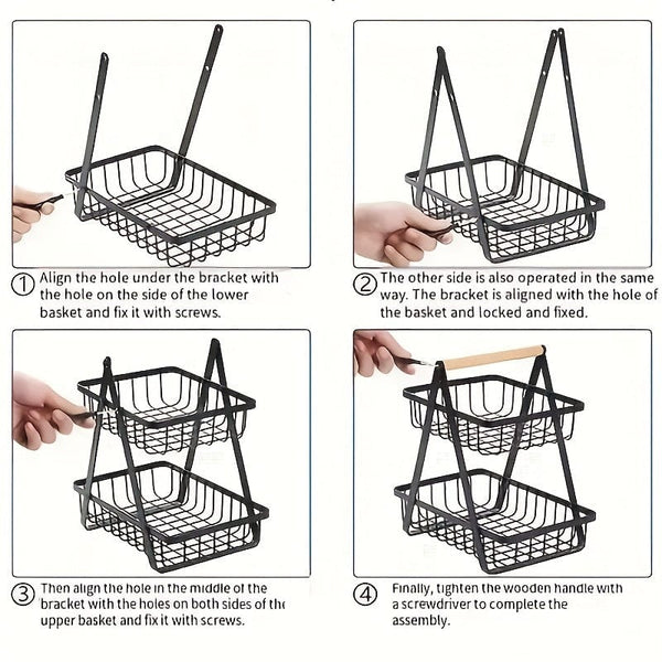 Planet Gates 1pc Drain Basket, 2/3tier Storage Basket Countertop For Bathroom, Fruit Basket, Vegetable Basket, Basket Bowl Removable Wire Basket With Wooden Handle For Bathroom, Home Room Kitchen Storage Supplies