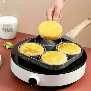 Planet Gates 1pc Egg & Hamburger Frying Pan, Fry Pan For Egg Non Stick Ham Pancake Maker Egg Burger Pan With Wooden Handle 4Hole For Induction Cooker Gas Stove