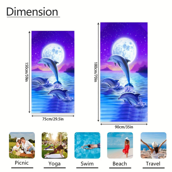 Planet Gates 1pc Fantasy Dolphin & Moon Printed Beach Towel, Fade-Resistant Oversized Beach Blanket, Super Absorbent Bath Towel, Suitable For Travel Pool Diving Surfing Yoga Camping, Beach Accessories, Beach Essentials, Travel Supplies