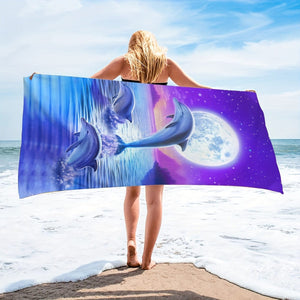 Planet Gates 1pc Fantasy Dolphin & Moon Printed Beach Towel, Fade-Resistant Oversized Beach Blanket, Super Absorbent Bath Towel, Suitable For Travel Pool Diving Surfing Yoga Camping, Beach Accessories, Beach Essentials, Travel Supplies