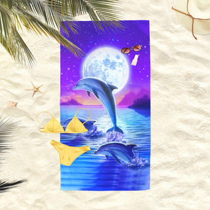 Planet Gates 1pc Fantasy Dolphin & Moon Printed Beach Towel, Fade-Resistant Oversized Beach Blanket, Super Absorbent Bath Towel, Suitable For Travel Pool Diving Surfing Yoga Camping, Beach Accessories, Beach Essentials, Travel Supplies