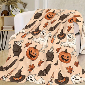 Planet Gates 1pc Halloween Theme Flannel Blanket, Pumpkin Ghost Hat Bat Print, Soft Cozy Throw Blanket Nap Blanket For Travel Sofa Bed Office Home Decor, Halloween Holiday Gift Blanket For Boys Girls Adults, Available All Season