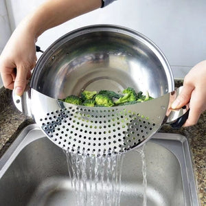 Planet Gates 1pc Kitchen Stainless Steel Pot Strainer, Hand Held Pot Drainer, Fruit Washing Filter