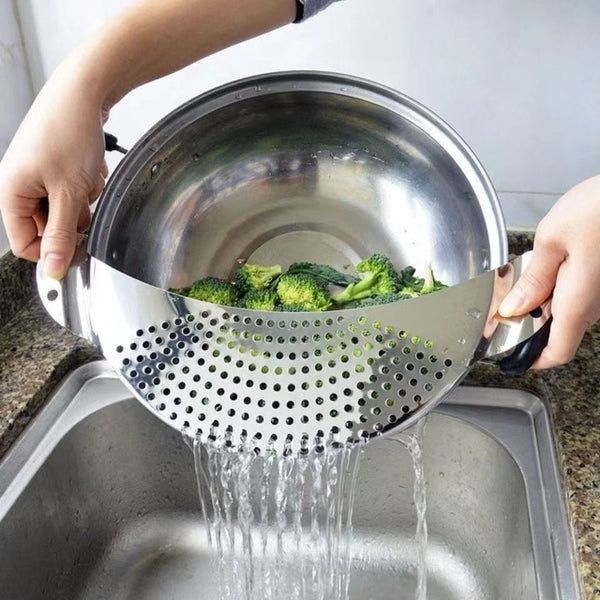 Planet Gates 1pc Kitchen Stainless Steel Pot Strainer, Hand Held Pot Drainer, Fruit Washing Filter