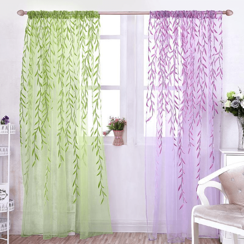 Planet Gates 1pc Leaf Print Green and Purple Sheer Curtain - Soft Tulle Window Treatment for Living Room, Bedroom, Balcony - Elegant Home Decor