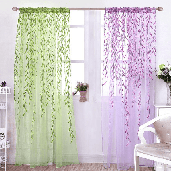 Planet Gates 1pc Leaf Print Green and Purple Sheer Curtain - Soft Tulle Window Treatment for Living Room, Bedroom, Balcony - Elegant Home Decor