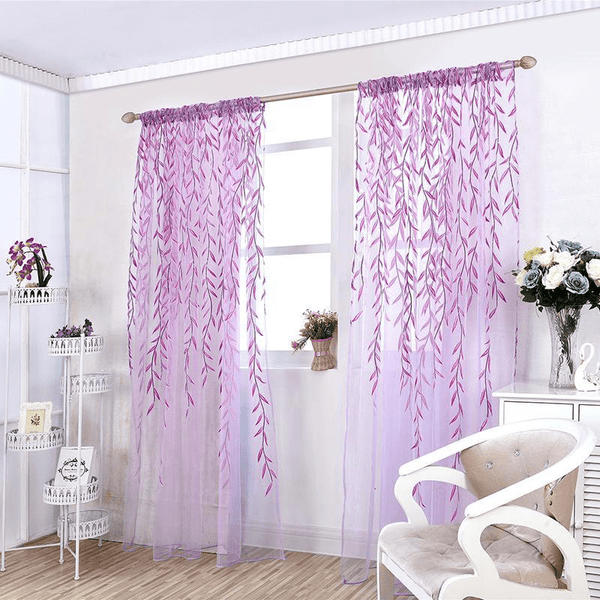 Planet Gates 1pc Leaf Print Green and Purple Sheer Curtain - Soft Tulle Window Treatment for Living Room, Bedroom, Balcony - Elegant Home Decor