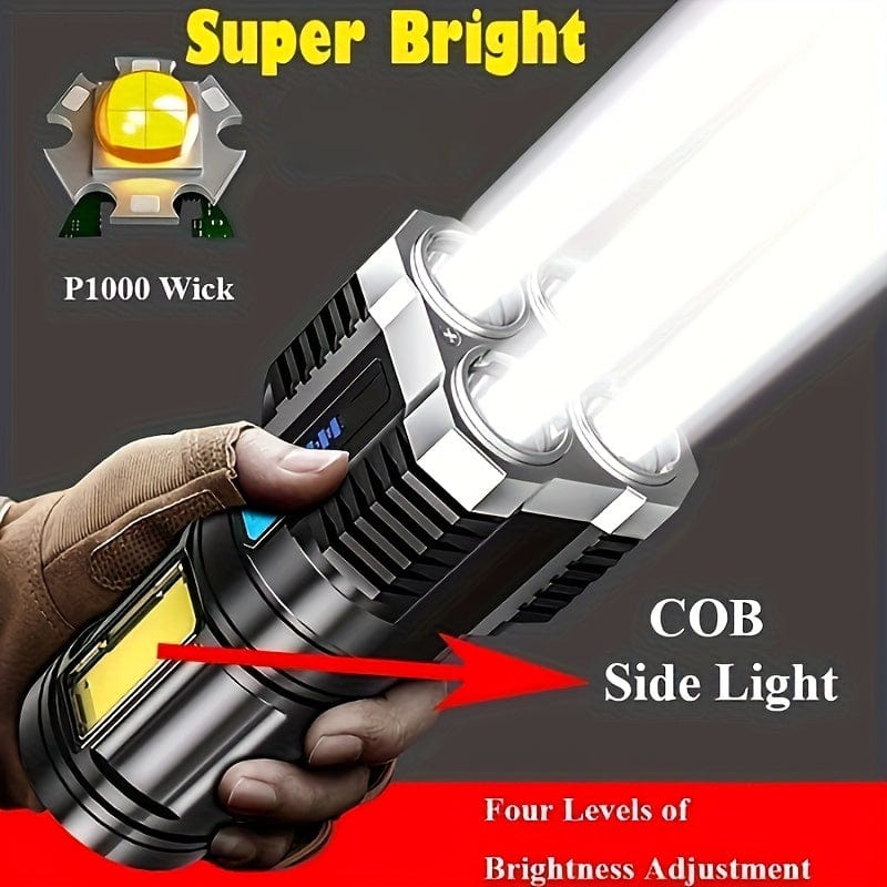 Planet Gates 1pc LED Flashlight, Powerful 4 LED Flashlight With COB Side Light, 4 Modes USB Rechargeable LED Torch, Waterproof Built In Battery Flashlight, Camping Tool